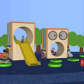 Kids Playground Featuring Wooden Play Structure Slide Round Openings Mushroom Seats And Trees