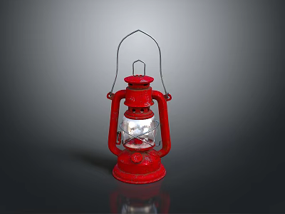 Vintage Red Kerosene Lamp With Metal Frame And Glass Shade On Dark Background 3d model