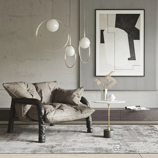 Modern Single Sofa Interior Design With Gray Cushions Black White Artwork And Gold Pendant Lights 3d model 