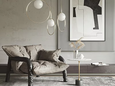 Modern Single Sofa Interior Design With Gray Cushions Black White Artwork And Gold Pendant Lights 3d model