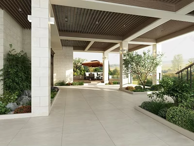 Outdoor Modern Landscaped Garden With Pergola Stone Pathway Green Plants And Columns 3d model