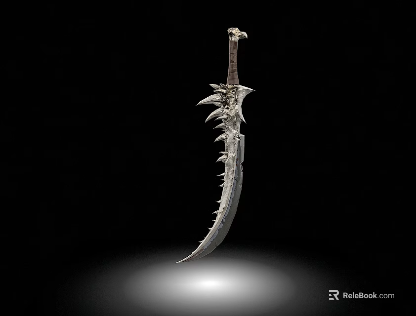 Ornate Fantasy Curved Blade With Spiked Edges Intricate Hilt And Isolated Black Background 3d model 