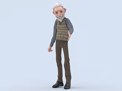 Elderly Man With White Hair Beard Wearing Striped Vest And Brown Pants 3d model