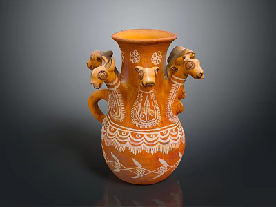 Decorative Orange Vase With Multiple Animal Heads And Intricate White Patterns 3d model