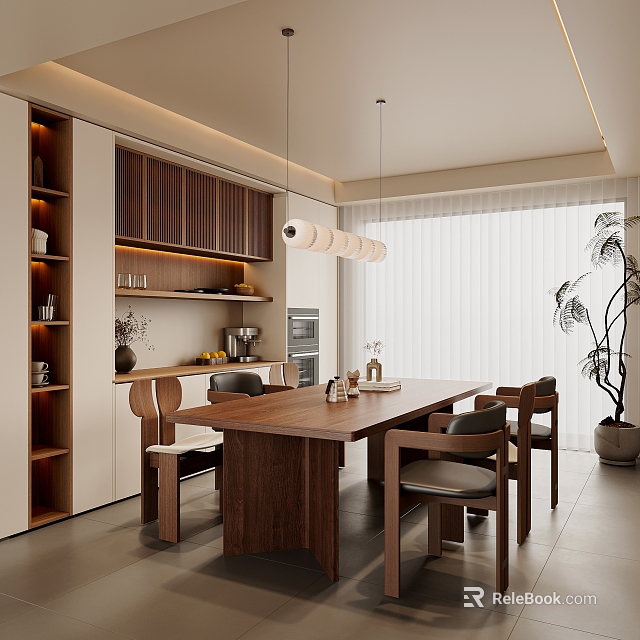 Modern Living Room Interior With Wooden Dining Table Chairs Pendant Lights Cabinets And Plant 3d model 