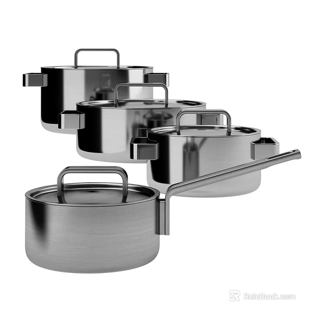 Durable Stainless Steel Pots and Pans Set with Metal Handles for Kitchen 3d model 