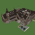 Elegant Gothic Sales Office Building With Red Brick Exterior Tower Structure And Lawn Fountain