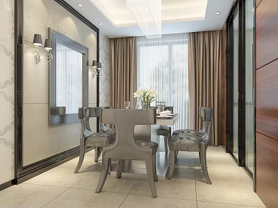 Elegant Modern Restaurant Interior With Dining Table Chairs Curtains Mirror And Chandelier 3d model