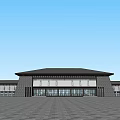 Modern Public Building Structure With Symmetrical Roof And Glass Windows Entrance