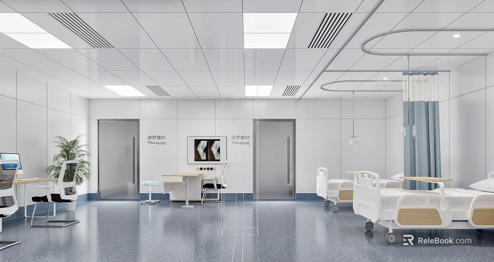 Hospital Outpatient Clinic Interior With Consultation Rooms And Medical Beds 3d model 
