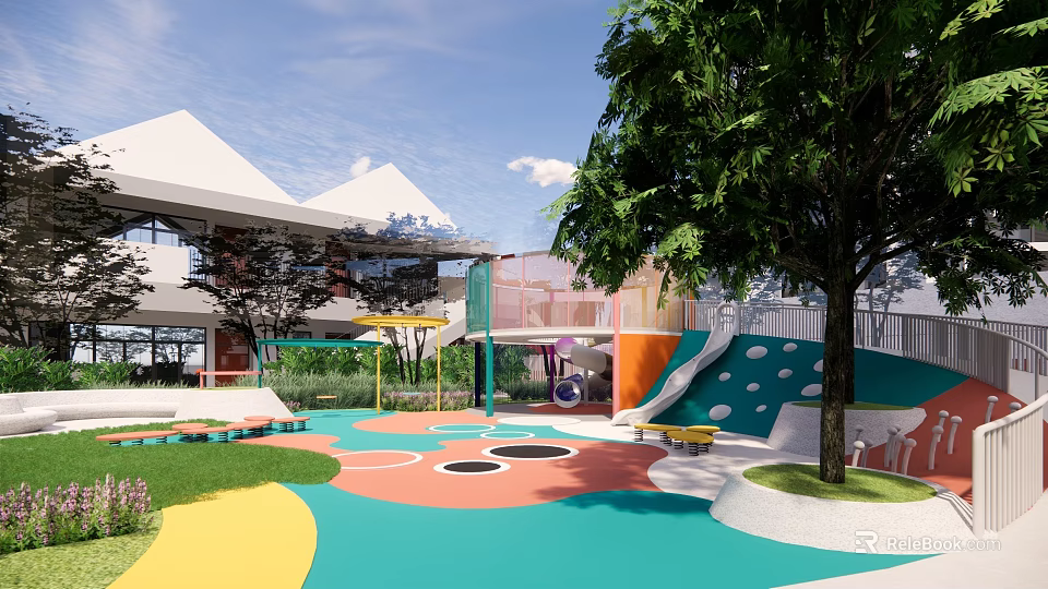 Colorful Outdoor Kids Playground With Slide Colorful Flooring Trees And Building 3d model 