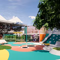 Colorful Outdoor Kids Playground With Slide Colorful Flooring Trees And Building