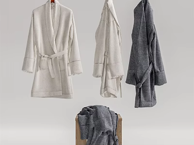 Hanging Robes in White Light Gray Dark Gray and Folded on Wooden Stool 3d model