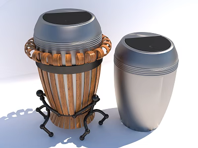 Modern Public Facility Trash Bins With Wooden Strips Woven Details And Silver Metal Design 3d model
