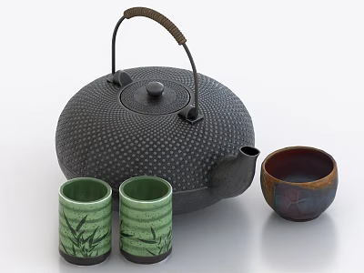 Tea Set With Black Dot Texture Teapot Brown Handle Green Bamboo Leaf Cups And Bowl 3d model