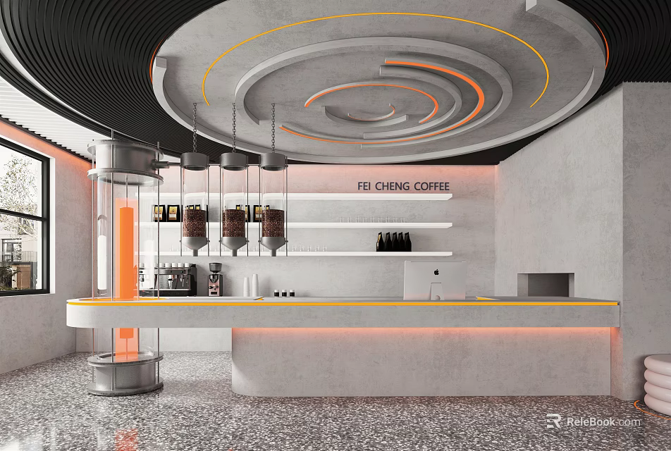 Modern Milk Tea Shop Interior Design With Circular Ceiling And Open Counter Shelves 3d model 