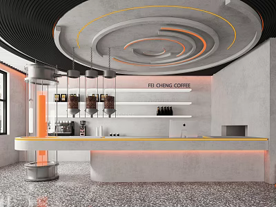 Modern Milk Tea Shop Interior Design With Circular Ceiling And Open Counter Shelves 3d model