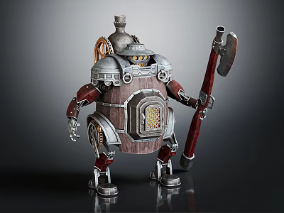 Steampunk Robot Character With Wooden Barrel Body Metal Armor And Axe Weapon 3d model