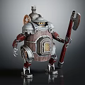 Steampunk Robot Character With Wooden Barrel Body Metal Armor And Axe Weapon