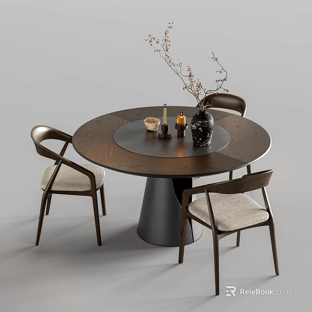Elegant Round Wooden Dining Table And Chair Set With Fabric Seats And Dried Flower Decor 3d model 