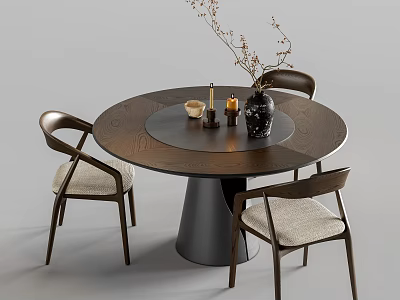 Elegant Round Wooden Dining Table And Chair Set With Fabric Seats And Dried Flower Decor 3d model