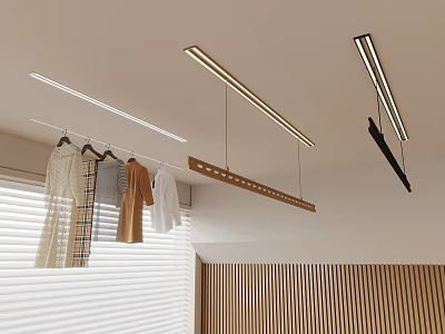 Modern Room Interior With Hanging Clothes Ceiling Light Strips Window Blinds And Wooden Slat Panels 3d model