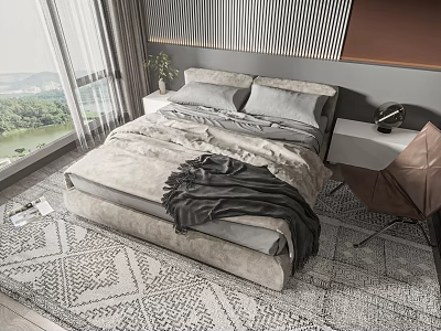 Double Bed in Modern Bedroom with Gray Bedding Dark Blanket Geometric Rug and Scenic Window 3d model
