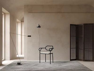 Minimalist Modern Single Chair In Interior Space With Black Frame Floor Lamp And Gray Rug 3d model