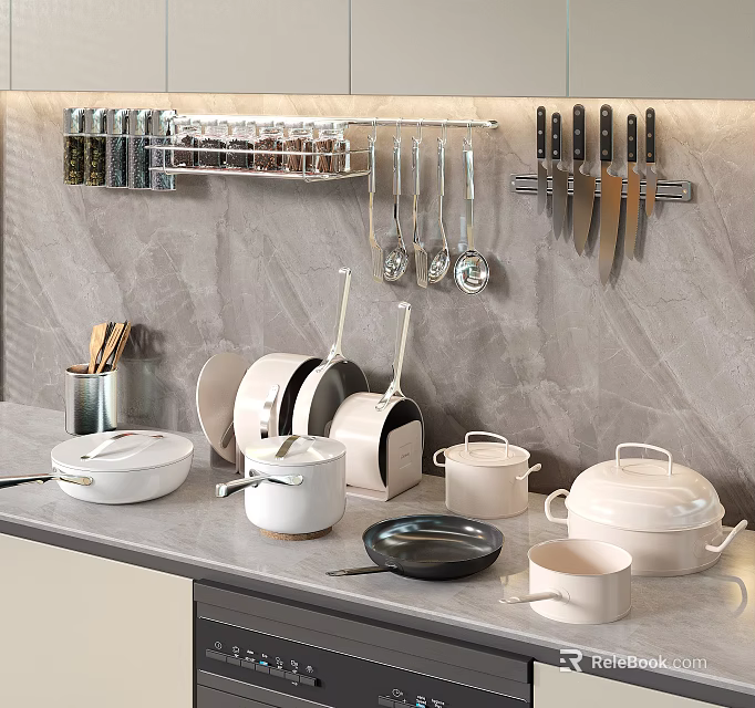 Organized Kitchenware Setup With Wall Mounted Spice Rack Spoons Knives And Cookware On Countertop 3d model 