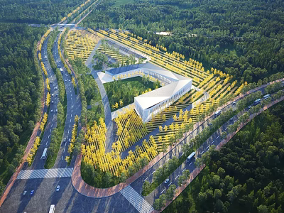 Aerial Planning Of Modern Building Surrounded By Green Forests Roads And Neatly Arranged Yellow Zones 3d model