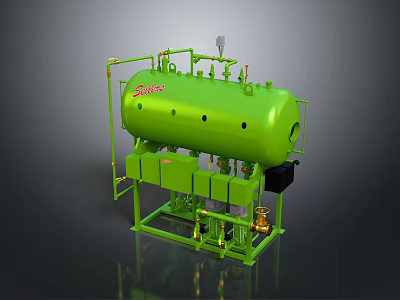 Green Industrial Pressure Vessel Equipment With Pipes Valves Gauges And Support Frame 3d model