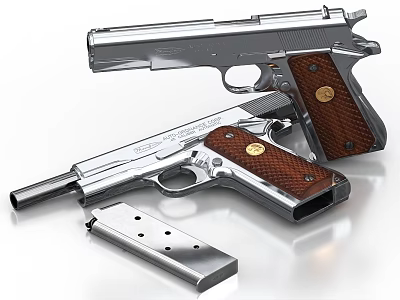 Silver Pistols With Brown Wooden Grips And Magazine Displayed In Close Up 3d model