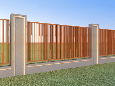 Modern Building Exterior Wall With Wooden Slat Fencing And Concrete Pillars Over Green Grass 3d model