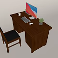 Wooden Office Desk With Monitor Keyboard Mouse White Mug Potted Plant Drawers And Cabinet