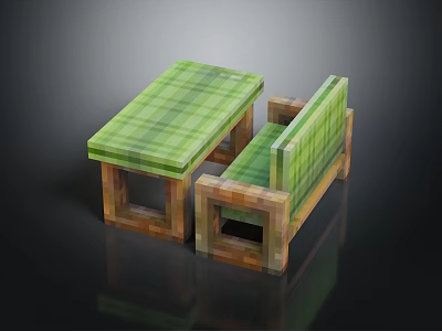 Pixel Style Table and Bench Set with Green Checkered Surface and Brown Frame 3d model