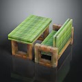 Pixel Style Table and Bench Set with Green Checkered Surface and Brown Frame
