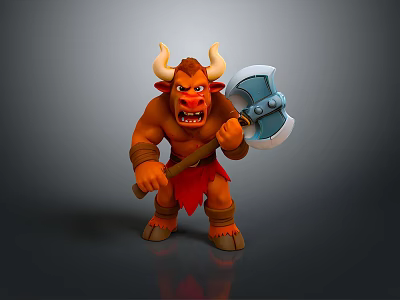 Muscular Horned Minotaur Mythical Creature With Red Skin Holding Battle Axe Fierce Expression 3d model