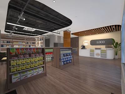 Modern Spacious Supermarket Interior With Shelves Stocked Full Of Food Beverage Items And Checkout Counter 3d model