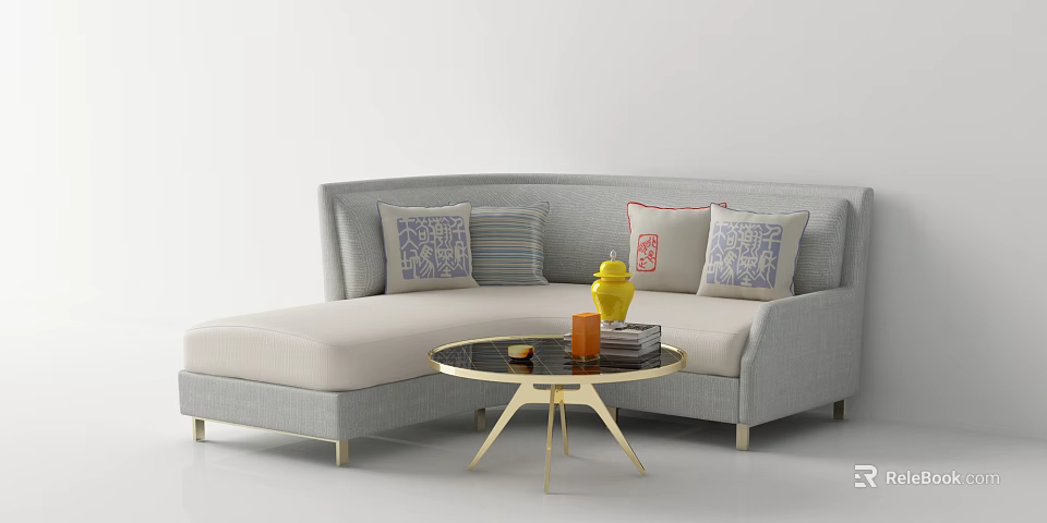 Gray Sectional Sofa with Decorative Pillows Round Coffee Table Yellow Vase and Books 3d model