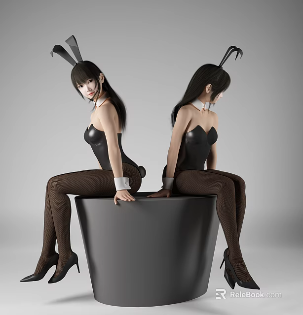 Woman With Bunny Ears In Black Bodysuit Brown Stockings High Heels Sitting On Black Container 3d model 