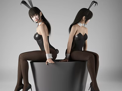 Woman With Bunny Ears In Black Bodysuit Brown Stockings High Heels Sitting On Black Container 3d model