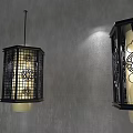 Three Elegant Pendant Lights with Black Frame Lattice Design Illuminating Gray Wall