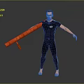 Man Wearing Black Bodysuit Holding Orange Long Object Against Gray Background