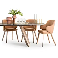 Wooden Dining Table And Chairs Set With Unique Legs Light Grey Brown Seats Decorative Vases