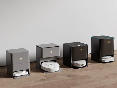 Different Colored Robotic Vacuum Cleaner Docks Arranged On Wooden Floor With White Wall 3d model