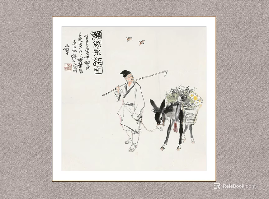 Traditional Chinese Figure Painting With Man Donkey Carrying Flowers And Calligraphy 3d model 