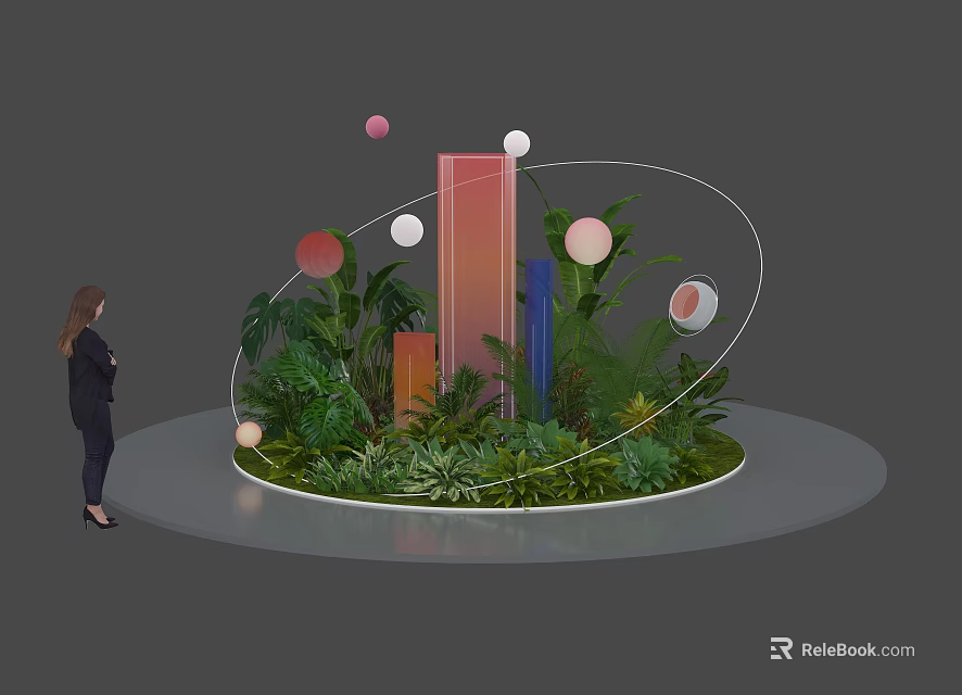 Vibrant Art Installation With Greenery Gradient Columns Spheres And Circular Lines 3d model
