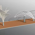 Outdoor Modern Double Curved Pergola With Geodesic Grid Structure And Brick Pavement