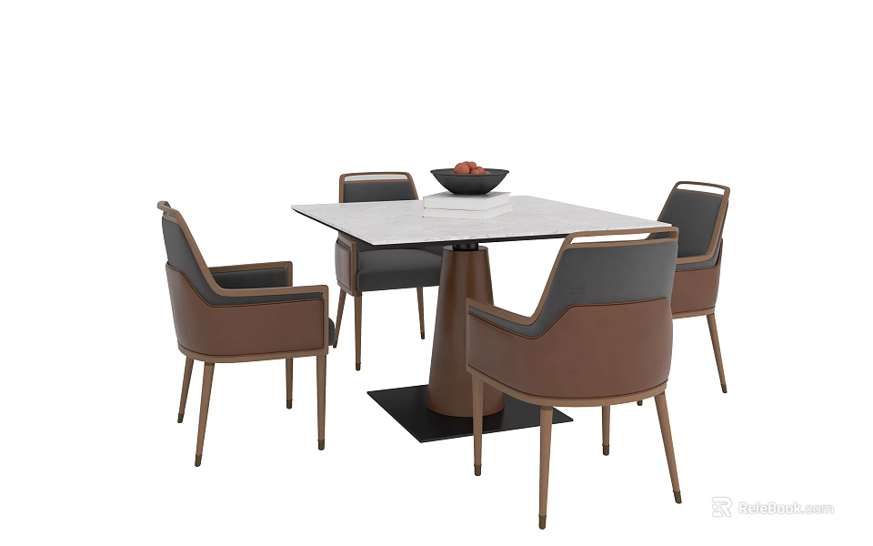 Modern Dining Table Set With Square Glass Top And Brown Gray Leather Chairs 3d model 