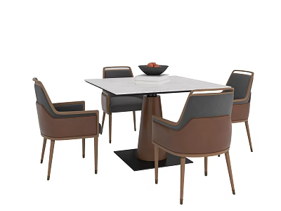 Modern Dining Table Set With Square Glass Top And Brown Gray Leather Chairs 3d model